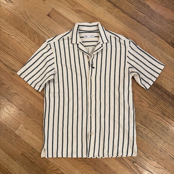 ZARA Shirt Mens Beige Stripe Button Up Camp Collar Relaxed Fit Coastal Size Sm - Picture 1 of 10